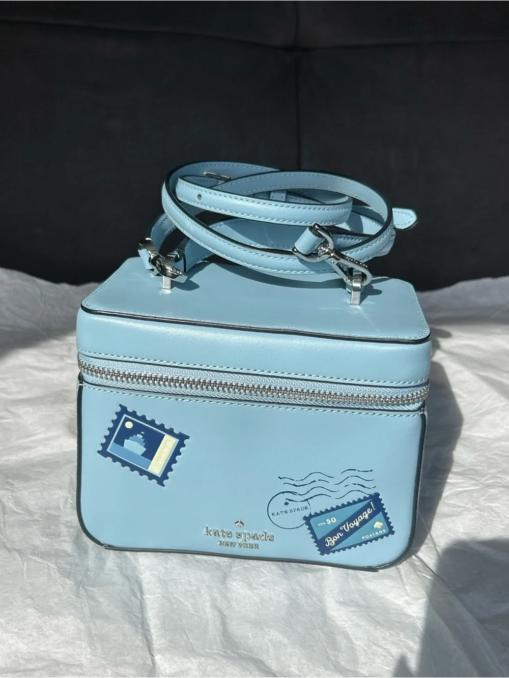 NWT Kate Spade New York Leather Stamp Prints Crossbody Travel Case Bag Aqua